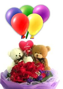 Valentine Heart 2 Teddy 10 red roses same basket 5 Air balloons