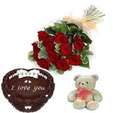 12 red roses 1 kg heart cake and teddy bear 6 inch