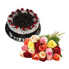 21 mix roses with 1 kg black forest cake