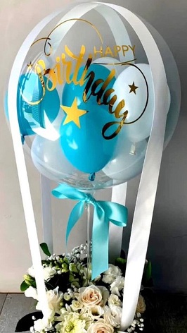 Happy Birthday printed Balloon with 20 flowers balloon filled with blue white balloon