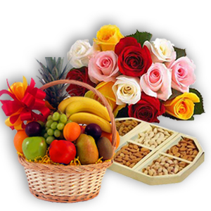 12 Mix Roses Bunch 2 Kg Fresh fruits basket with 1/2 Kg Dry fruits