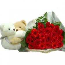 2 teddy bears 6 inch each with 20 red roses bunch