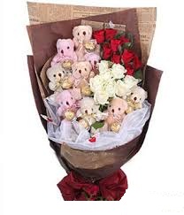 9 teddies with 12 red roses 8 white roses in same bouquet