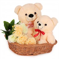 2 Teddy bears (6 inches each) and 3 Carnations in same basket
