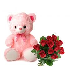 Teddy bear 12 inches in pink with 12 red roses bouquet